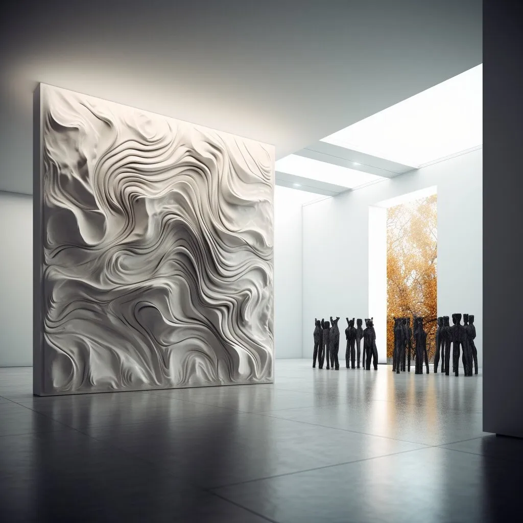 AI-generated image of a large carved white marble wall in a bright hall
