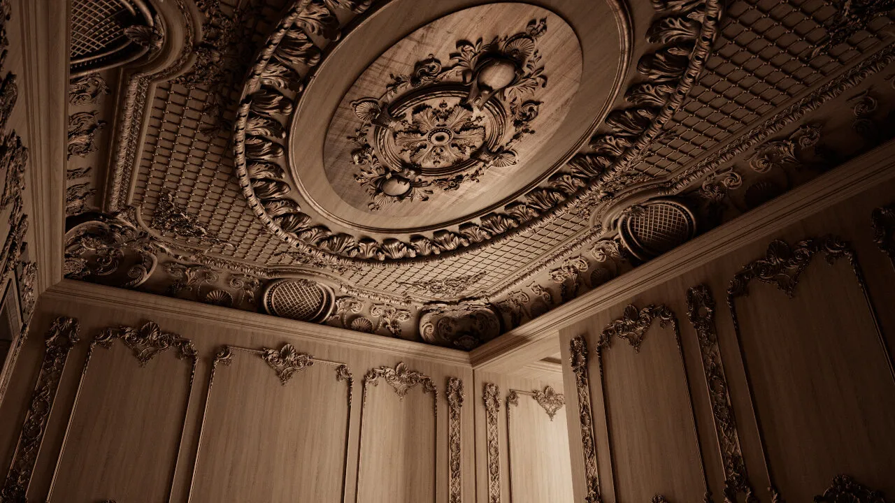 Ornamental ceiling relief fills the upper walls of a private home cinema, shown as a rendering.