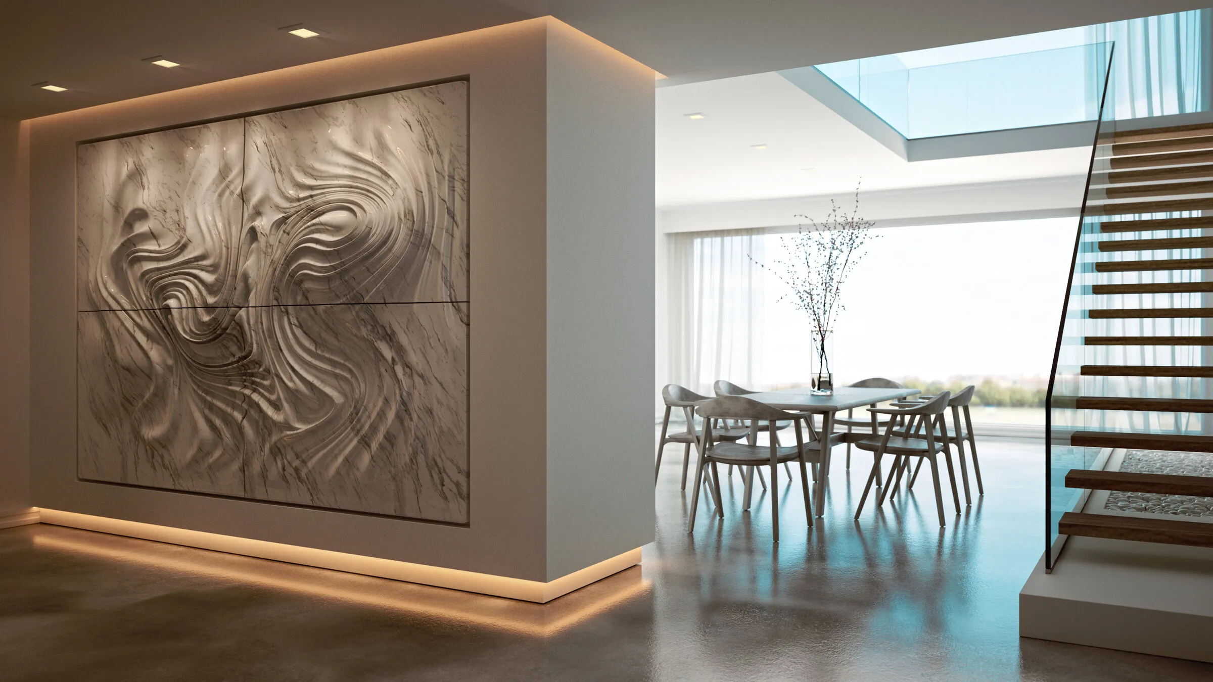 Rendering of a carved marble panel mounted on a pale wall beside an interior staircase.