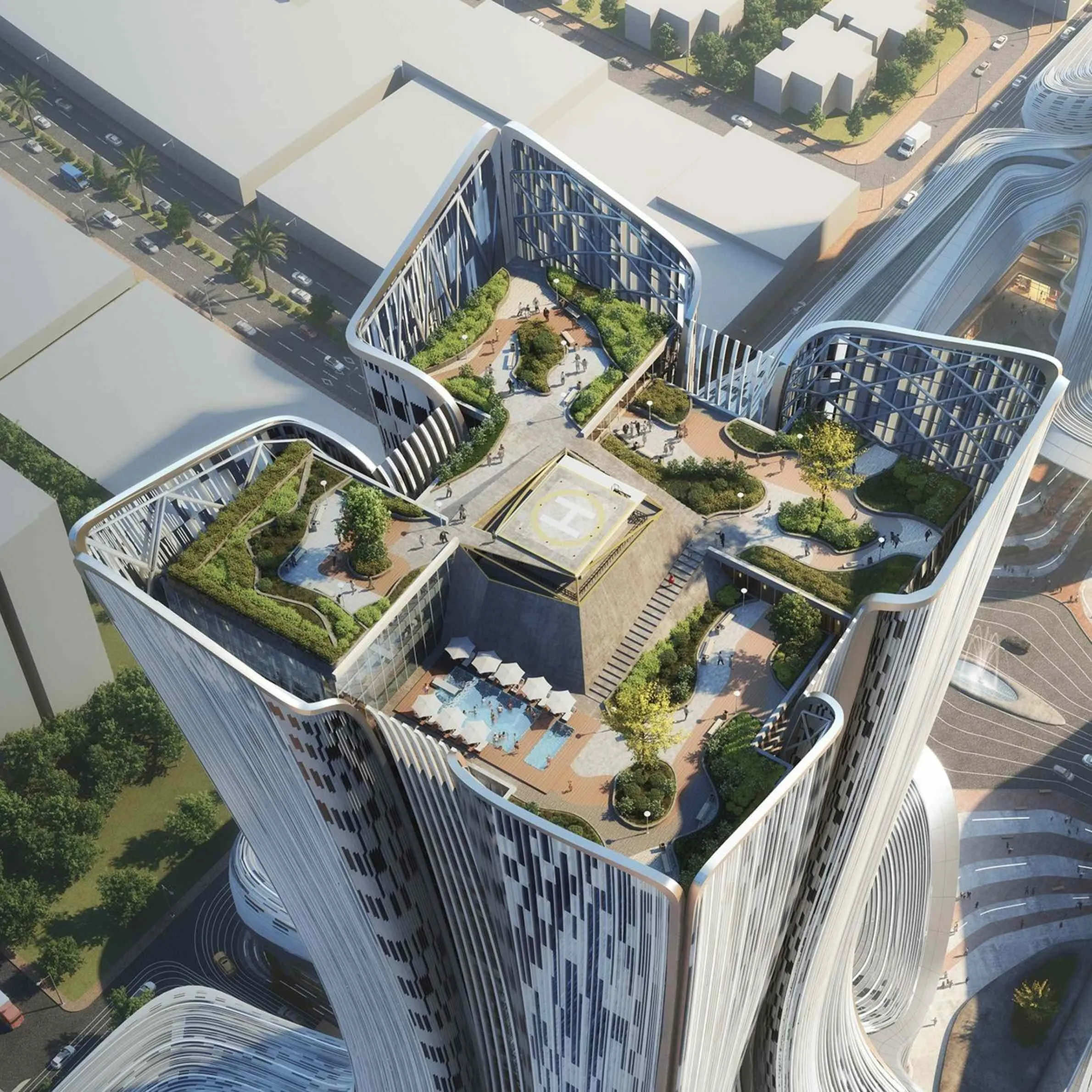 Rendering of high-rise towers viewed from above, with planted roofs and a central pool.